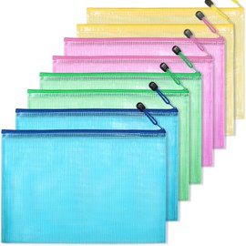 generic Mesh Zipper Pouch Bags, 8PCS A4 Zipper Pouches for Documents Files, Assorted Colors-Pink, Yellow, Green, Blue Mesh Bags with Zipper, 13.2X 9.2 INCH