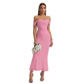 KUTUMAI Off The Shoulder Maxi Long Dress Corset Ruched Bodycon Formal Wedding Guest Dresses for Women Pink M