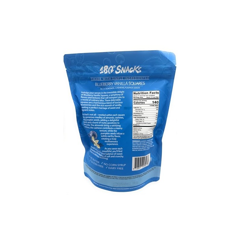 180 Snacks, Blueberry Vanilla Squares, with Almonds, Cashews, Pumpkin Seeds,