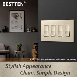 BESTTEN 5 Pack 4-Gang Signature Collection Champagne Gold Screwless Wall Plate, Golden Decorator Outlet Cover, for Light Switch, Dimmer, Receptacle, H4.69” x W8.35”