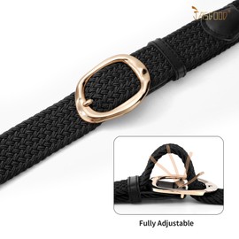 JASGOOD Braided Elastic Belt for Women Stretchy Woven Golf Belt Casual Web Belt for Jeans Pants with Gold Buckle, Black, Fit Waist Size 32inch-36inch
