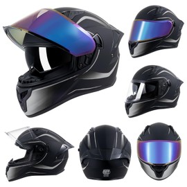 Full Face Motorcycle Helmets for Adult Men Women, DOT Approved Street Bike Racing Helmet Dual Visor Quick Release Buckle, Motorbike ADV Moped Helmet with Extra Clear Visor (Matte Black Silver, XXL)