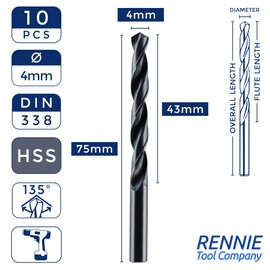 Box Of 10 x 4mm HSS Jobber Drill Bits - Black Roll Forged HSS-R for Carbon + Alloy Steel, Plastics & Wood. DIN338 (4mm x 75mm (5/32"))