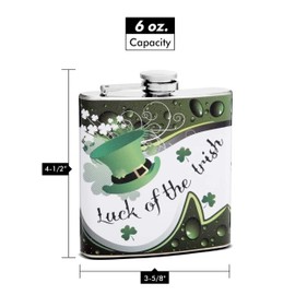 Hip Flask Holding 6 oz - Luck of the Irish Design - Pocket Size, Stainless Steel, Rustproof, Screw-On Cap, Green, Black and White Finish Perfect for Engraving - Gift Box Included