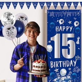 15th Birthday Decorations for Boys Girls Blue and Silver Happy 15th Birthday Banner 15 year old boy birthday party decorations 15th Birthday Balloons Backdrop Door Banner Confetti Balloons Flags