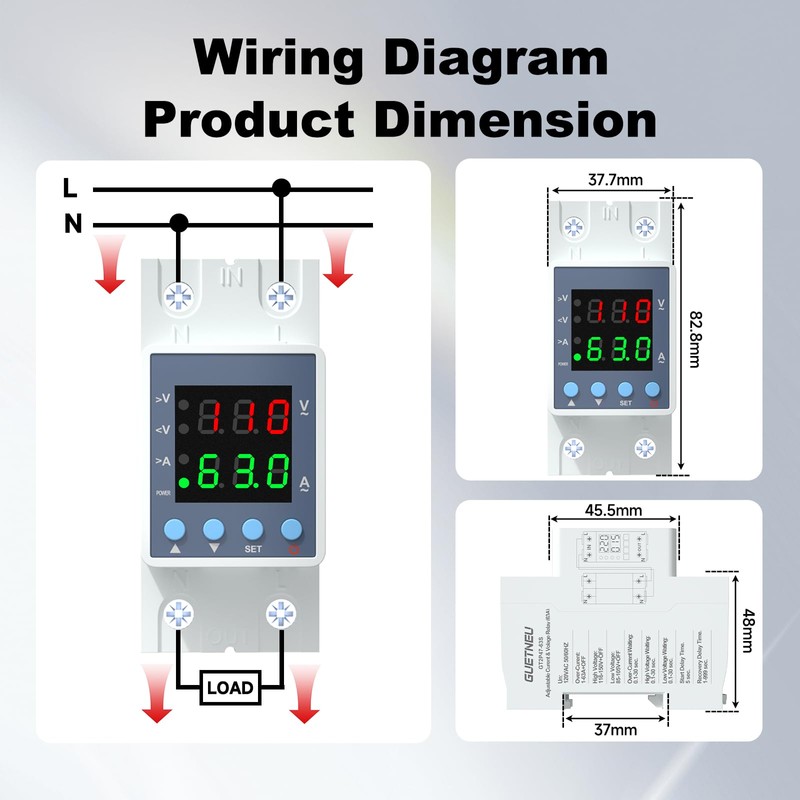 Multifunctional Over/Under Voltage Protector, 120VAC 63A, Current & Voltage Adjustable