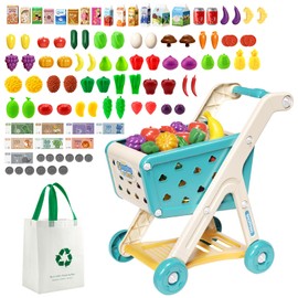 Jovow 98pcs Kids Shopping Cart Trolley Play Set with Pretend Food and Accessories,Perfect for Ages 3+ Pretend Play and Role-Playing Games