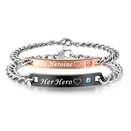 His or Hers Matching Set His Heroine Her Hero Titanium Stainless Steel Couple Bracelet in a Gift Box (A PAIR)