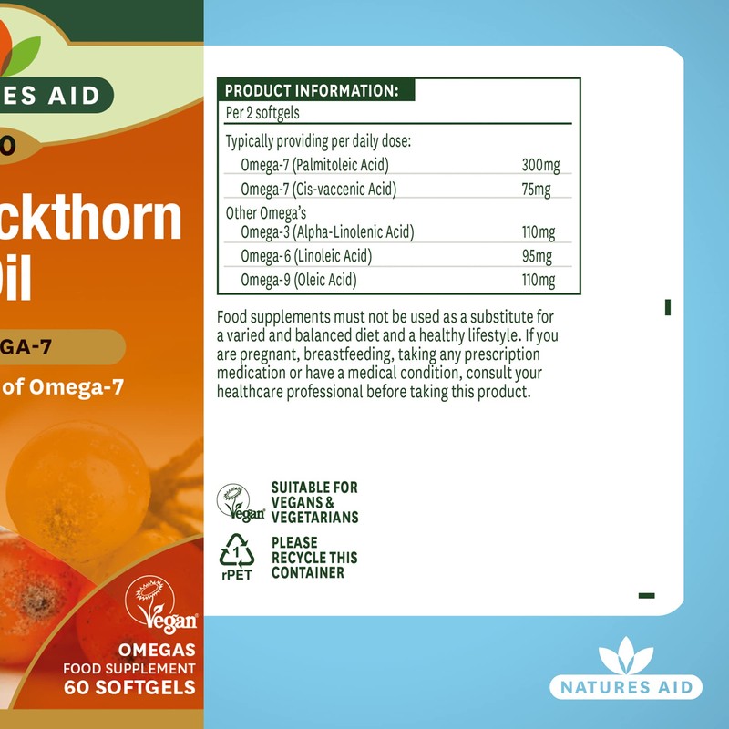 Natures aid 100% Pure Omega-7 Sea Buckthorn Oil 500mg, 60