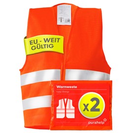 PURAHELP PURAHELP Warnwesten Auto 2er Set - Europaweit gltig nach EN ISO 20471 - Reflektierende Sicherheitsweste Auto Warnweste Orange - Warnschutzweste fr Erwachsene