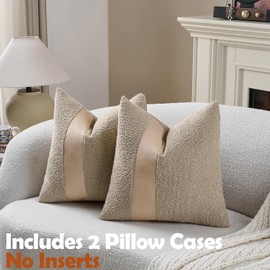 Pack of 2 Faux Leather Boucle Throw Pillow Covers 20"x20" Neutral Beige Chic Accents Textured Square Decorative Pillow Cases for Living Room Couch Bed Farmhouse Boho Home Decor