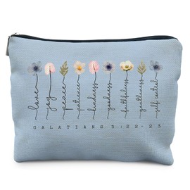Likjad Christian Gifts Makeup Bag, Floral Christian Cosmetic Bags for Women, Galatians 5:22-23 Bible Verse Makeup Pouch（blue