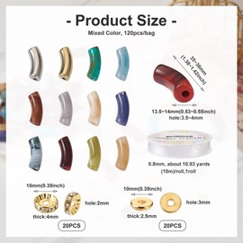 Cheriswelry Acrylic Chunky Curved Tube Bamboo Beads Curved Noodle Slide Beads with Brass Spacers Beads Elastic Crystal Thread for Bracelet Jewellery Making