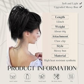 1PCS Messy Bun Hair Piece Claw Clip Hair Bun Wavy Curly Chignon Hair Bun for Women Extensions Tousled Updo Hair Buns Claw Clip Ponytail Hairpieces Scrunchie with Clip for Daily Use (Black)
