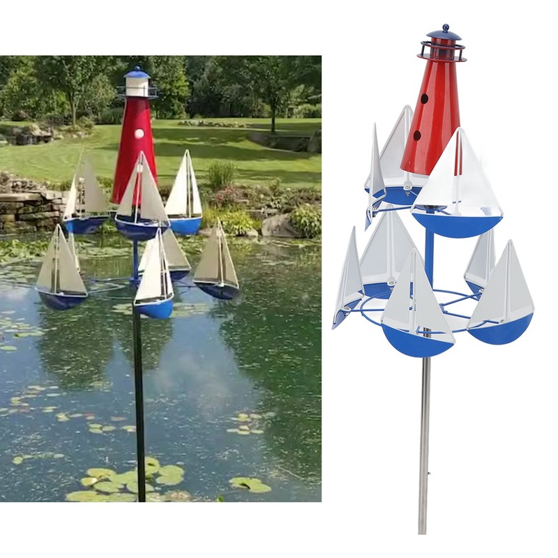 Summer Lighthouse Sailboat Windmills 360 Degree Rotation Weathervane Metal Windmill