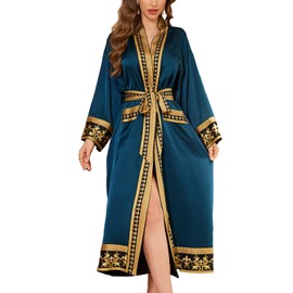 Daiwor Kout Silk Robe for Women Long Satin Robe Lightweight Summer Trim Bathrobe Luxury Soft Dressing Gown House Robes with Pockets Deep Blue