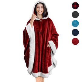 PAVILIA Angel Wrap Hooded Blanket | Poncho Blanket Wrap with Soft Sherpa Fleece | Wearable Blanket Throw Gift with Hood Pockets Cape | Plush Warm Shawl Cozy Gifts for Women Wife (Wine)