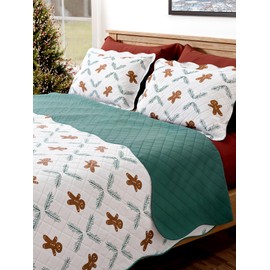 Quilt Set Full/Queen Size - Christmas Quilts - 3 Piece Lightweight Comforter Set with 2 Pillow Shams - Coverlet Blanket for All Seasons - Xmas Festive Holiday Bedspread - Gingerbread Cookie, 98 x 90