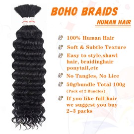 Forevermore Human Braiding Hair for Boho Braids Deep Wave Bulk Human Hair For Braiding No Weft Wet And Wavy Human Hair Braiding Hair Extensions 2Bundles 100g (16inch, Natural Black)