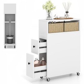 FUATDA Slim Bathroom Storage Cabinet, Narrow Side Bathroom Organizer with Wheels, 2 Slide Out Drawers, 2 Baskets, Rolling Narrow Toilet Side Cabinet for Small Space Bathroom Living Room Bedroom, White