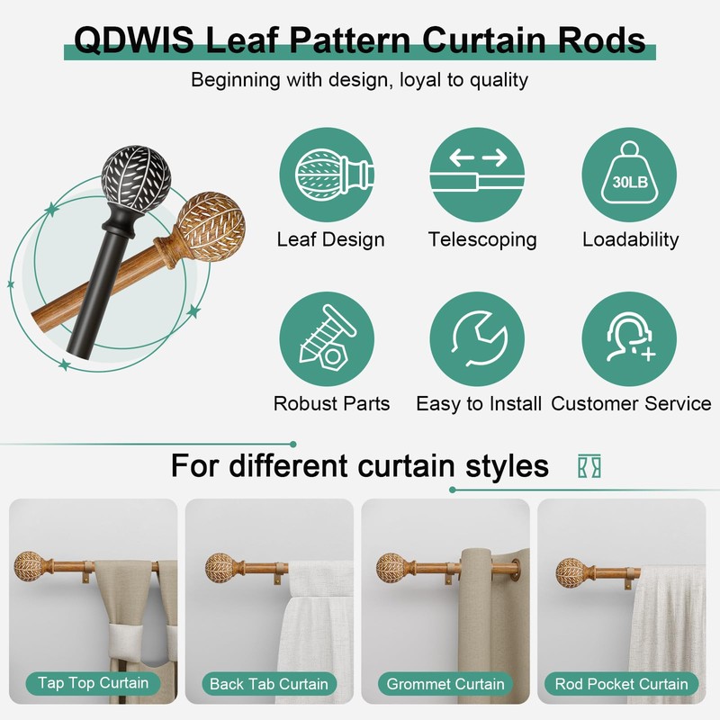 QDWIS Imitation Wood Grain Ball Curtain Rods for Windows 48