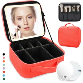 Travel Makeup Bag for Makeup Artists Large Makeup Case,with Mirror 3 Color Setting and Detachable 10x Magnifying Mirror Travel Makeup Bag,Portable Storage and Adjustable Dividers（red）