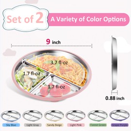 Bakpoco Stainless Steel Suction Plates for Toddlers, 9" Divided Kids Baby Plates with Removable Silicone Suction, Non Toxic Non Slip Portion Control Snack Dishes 4 Packs, Blue Green Gray Pink