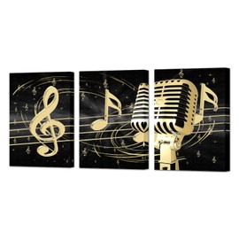 Artmyharbor Gold Metal Microphone Picture Wall Art Music Note Home Studio Decor 12"x16"