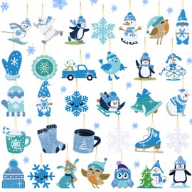 Equsion 64 Pcs Winter Diamond Painting Keychain Christmas Snowflake Snowman Diamond Art Key Chain 5D DIY Diamond Painting Tags Kit Christmas Ornaments Hanging Pendant Handcraft Crafts Cards Decor Tree