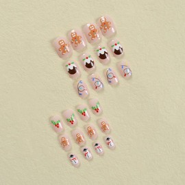 JUSTUSNX 24pcs Pink Christmas Fake Nails Snowman False Nails Short Press on Nails for Women and Girls