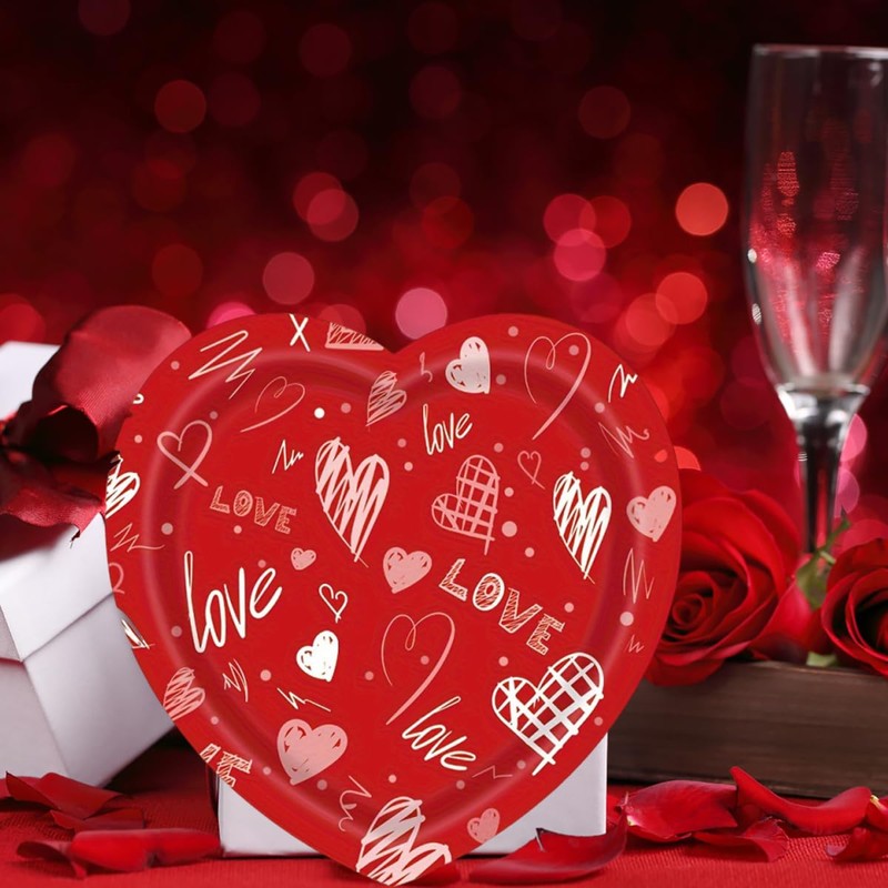 Happy Valentines Day Paper Plates Red Heart Love Shape Disposable