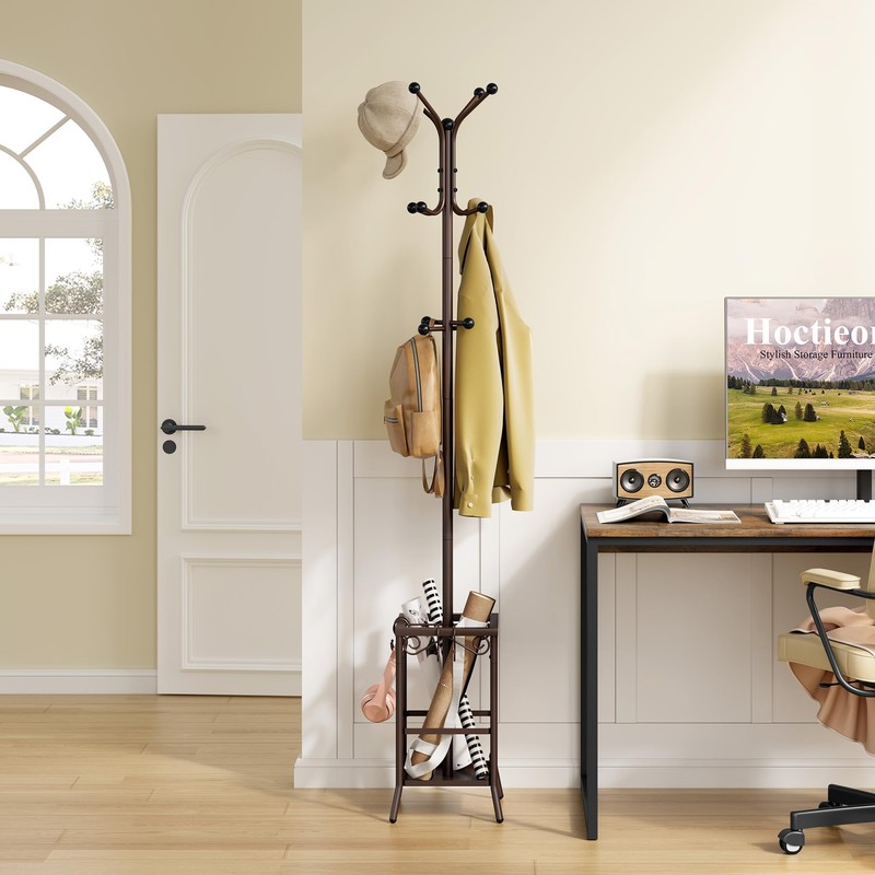 Hoctieon Coat Rack Freestanding, Coat Tree with Umbrella Holder, Metal