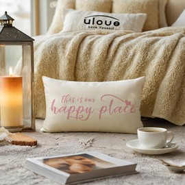 ULOVE LOVE YOURSELF Home Saying Throw Pillow Covers with Our Happy Place Quote Rustic Farmhouse Decor Lumbar Pillow Cases 12" x 20",2Pack Housewarming Gifts for Sofa/Couch/Porch (Pink)