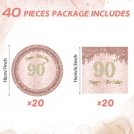Juhap 90th Birthday Decorations, Rose Gold Birthday Party Supplies Include 20Pcs Plates 20Pcs Napkins Sweet Ninety Year Old Party Tableware for Girl Ladies Women