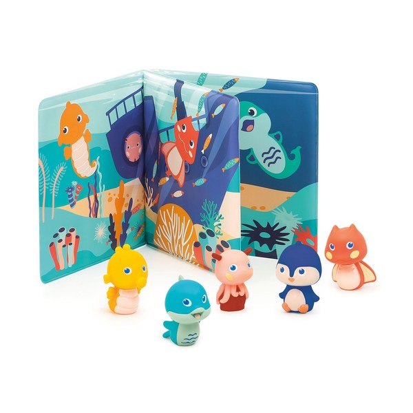 LUDI - Plastic play book for bath time - 5 finger puppets: Sea Background Theme - Easy to clean - Language develops - Suitable for ages 10 months and over