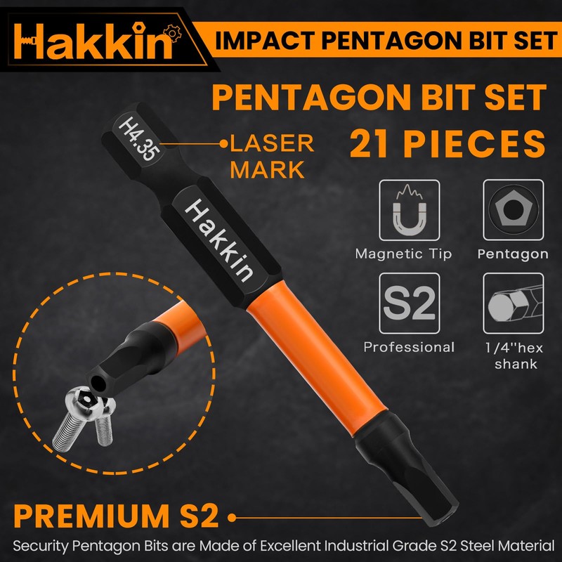 Hakkin 21Pcs Pentagon Screwdriver Bits Set S2 Steel Security Tamper