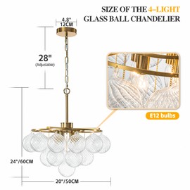 BeyPan Glass Bubble Ball Chandelier Gold 3-Tier Round Ribbed Glass Chandeliers Clear Blown Glass 4-Light 20" Dia Adjustable Height Pendant Light Fixture for Bedroom Restaurant Dining Room