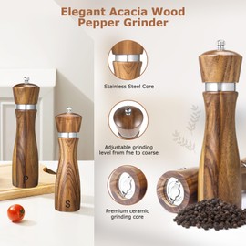 2 Pack Acacia Wood Salt and Pepper Grinder Set – 8” Manual Mills with Adjustable Ceramic Core, Stainless Steel, Tray, Spoon, Brush & Funnel – Rustic Wooden Gift Set for Kitchen or Table