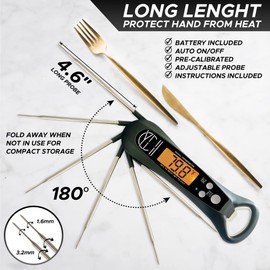 “Can You Handle it!” Digital Meat Thermometers, Cooking Thermometer IP67 Waterproof, Foldable Long Probe, Auto On/Off, Display Digital Food Thermometer for Cooking, BBQ, Water, Meat, Milk (Black)