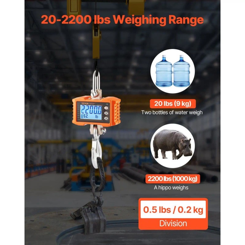 Industrial Heavy Duty 2200 Lbs/1000 kg Digital Crane Scale with