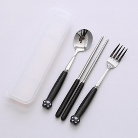 TSQIBU Tableware Spoon, Fork, Chopsticks, Spoon and Fork 3 Piece Dinnerware Set with Storage Box, Lunch Box, Cute Cat Feet (Black)