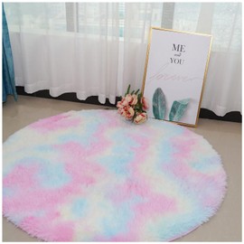 ConCus-T Round Rainbow Rug for Girls Bedroom Shag Faux Fur Rainbow Rug Colorful Tie Dye Area Rug Fluffy Rainbow Carpet for Living Room Bathroom, 120cm