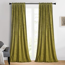 Roslynwood Luxury Gold Foil Print Olive Green Velvet Curtains 108 inches Long Rod Pocket Thermal Insulated Blackout Window Drapes for Living Room/Bedroom/Dining Room, W52 x L108, 2 Pcs