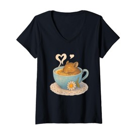 Womens Sleeping Degu Tea Cup Heart Steam Art V-Neck T-Shirt