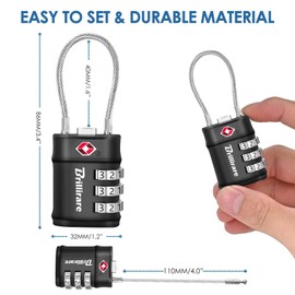 4 Pack TSA Approved Luggage Locks, Combination Travel Cable Lock, 3-Digit Waterproof Padlock, Zinc Alloy Outdoor Keyless Resettable Lock for Travel, Lockers, Bags, Backpack, Gym, Gate-by BRILLIRARE