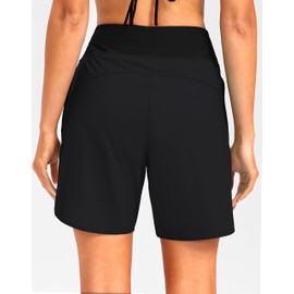 G Gradual Women's 7" Quick Dry High Waisted Swim Board Shorts with Zipper Pockets UPF 50+ Beach Shorts for Women with Liner(Black, XL)