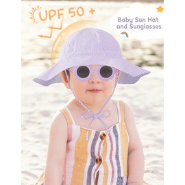 Durio Baby Sun Hat UPF 50+ Sun Protection Hat for Boys Girls Baby Sunglasses 6-12 Months with Strap Wide Brim Baby Beach Hat Adjustable Baby Hats Newborn Purple 6-12 Months