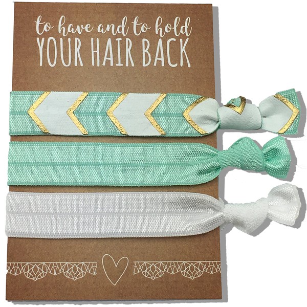 Jeune Marie 6 Pack Mint Ribbon Hair Ties KIT No Crease Elastics Handtied Ouchless Ponytail Holders Hair Band Bracelet Favors for Bachelorette Parties, Bridal Showers, and More! (6 Pack, Mint)
