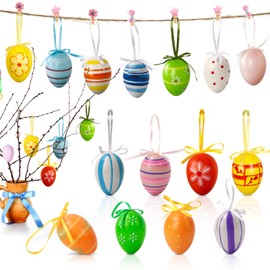 Mizijia Easter Eggs for Hanging, Pack of 32 Plastic Easter Eggs, Colourful Easter Eggs, Easter Eggs with Dots and Stripes, White, Green, Yellow, Pink (32)
