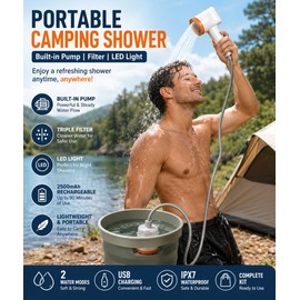 Portable Camping Shower for Outdoor Washing – Rechargeable Pump Kit with Filter, LED Light & Adjustable Water Flow